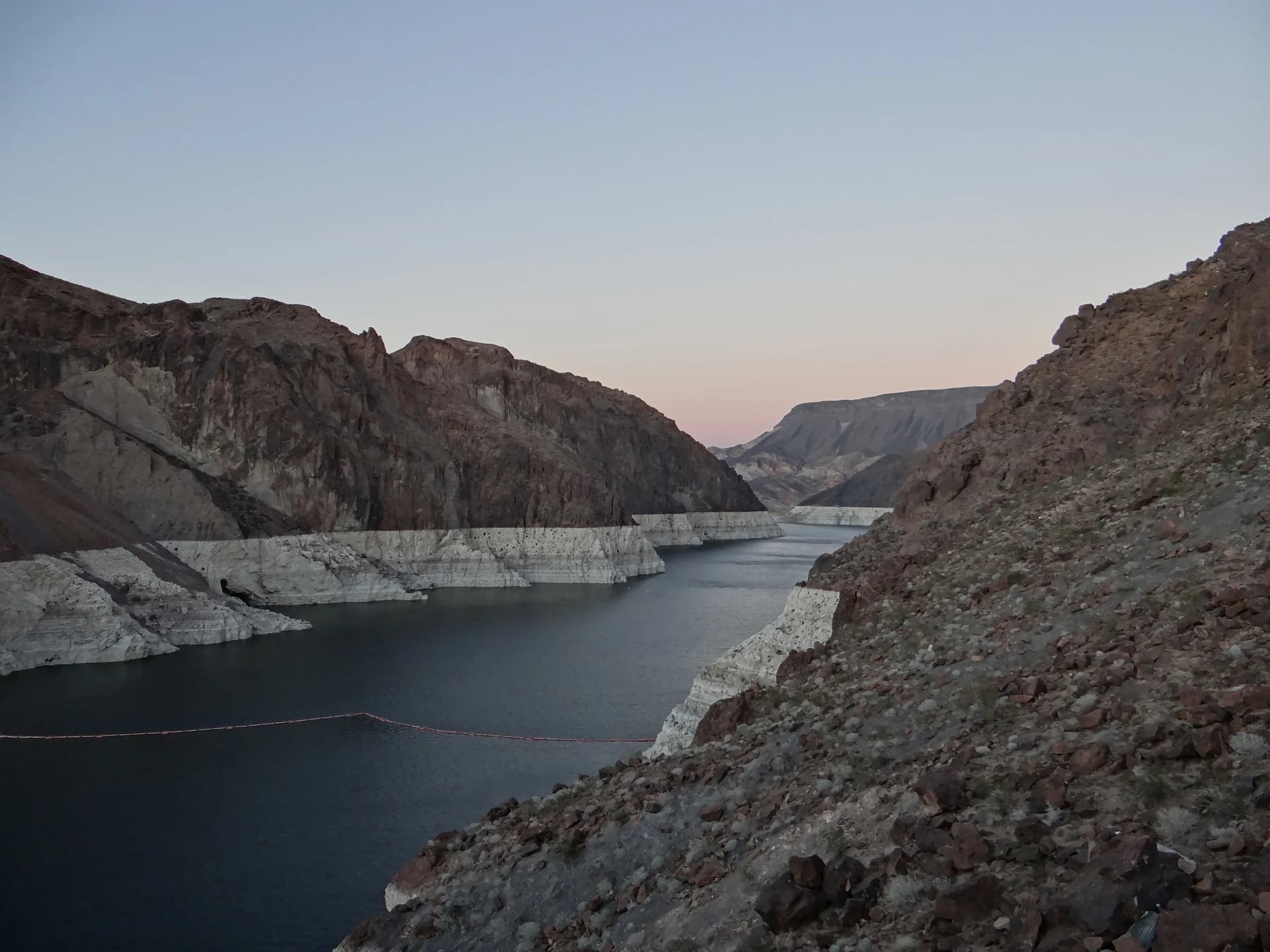 Lake Mead with its exposed white bathtub ring above the lowered reservoir