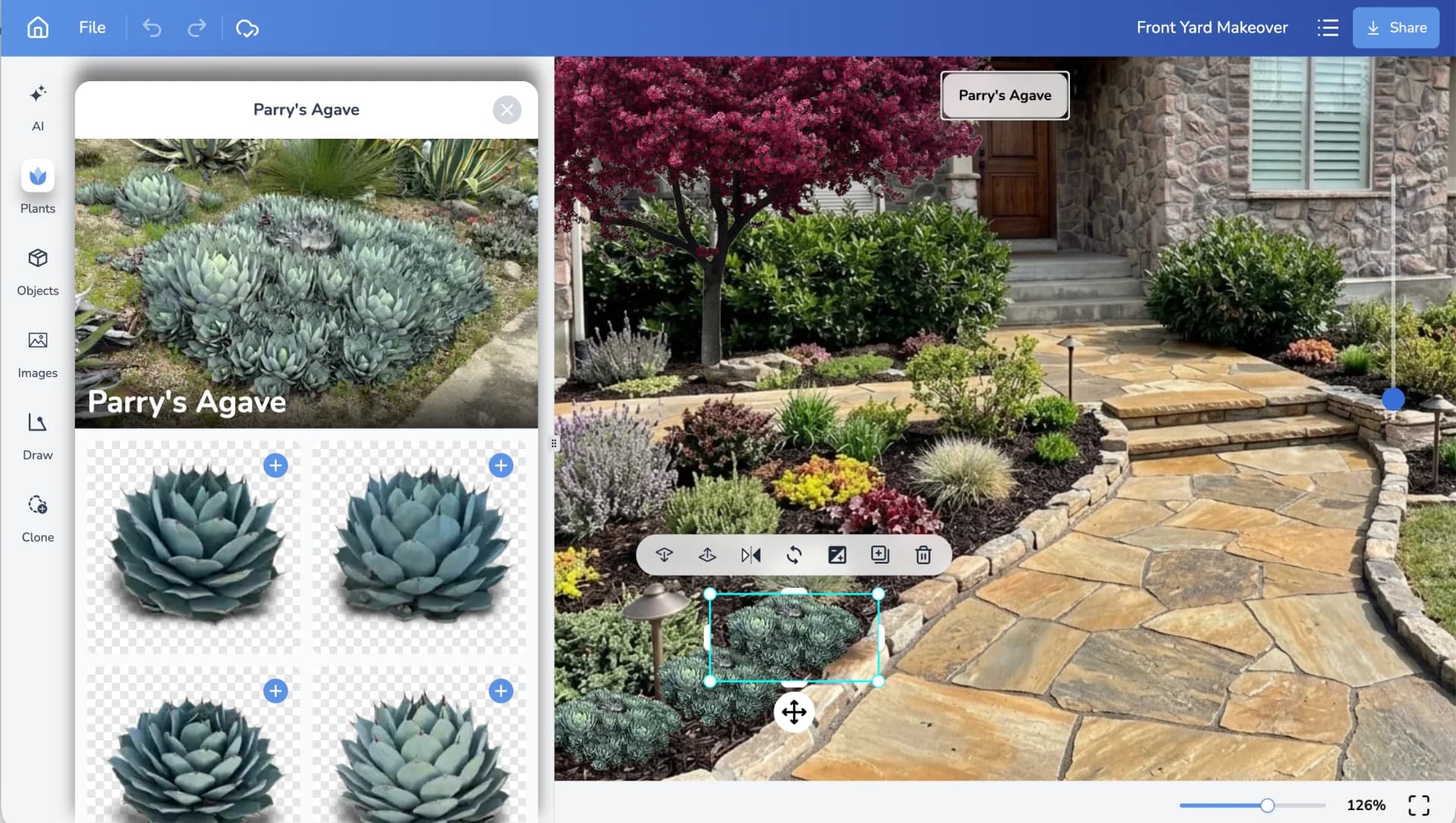 Visual Designer showing editable plants on a customer's property photo