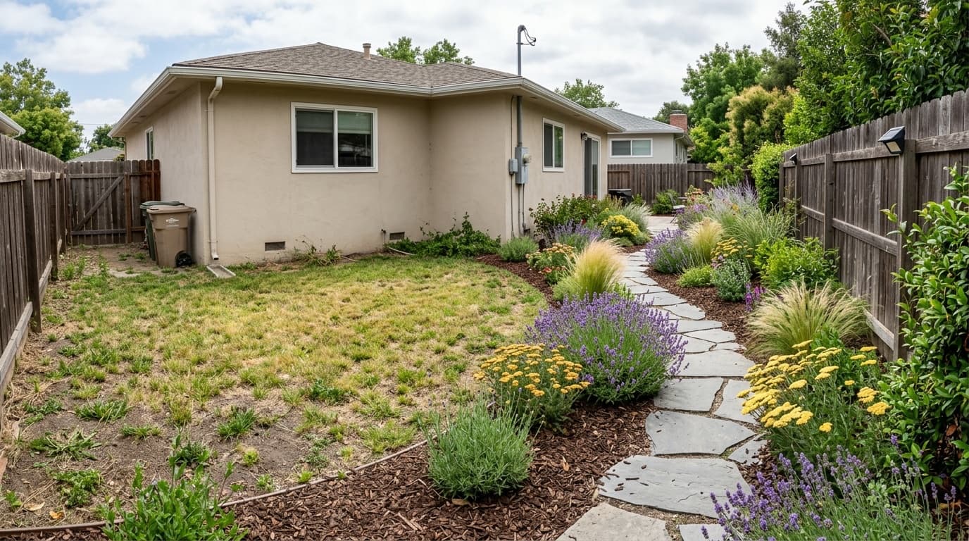 A yard transforming from a plain lawn into a lush water-wise landscape