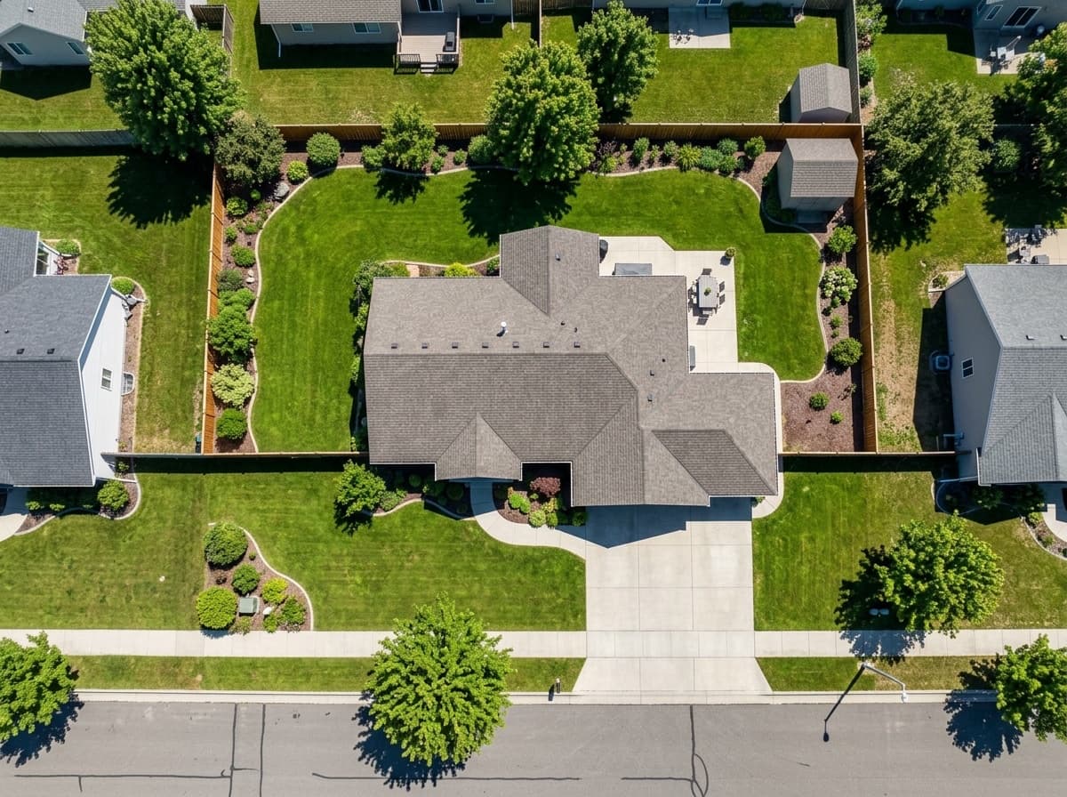 A top-down aerial view of a suburban property ready to measure