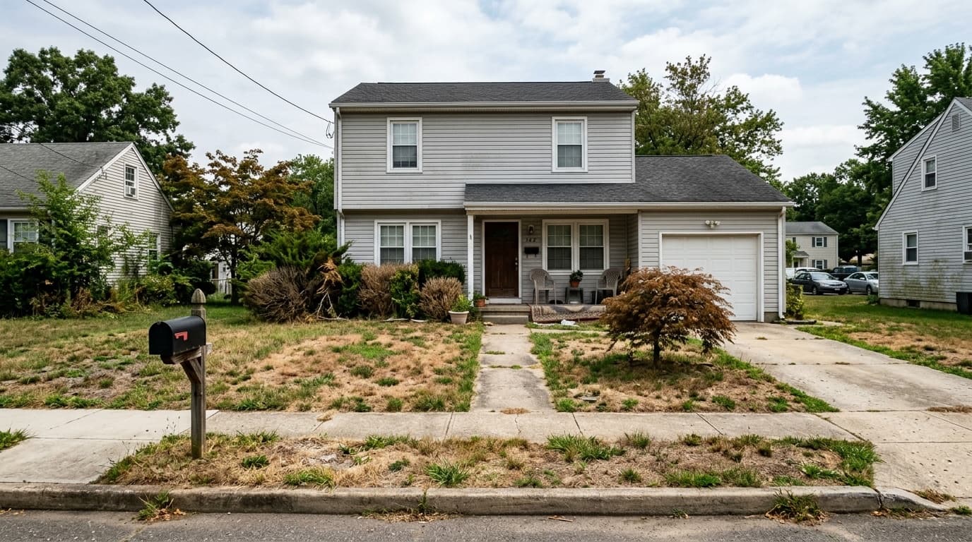A tired suburban front yard with a patchy, water-stressed lawn