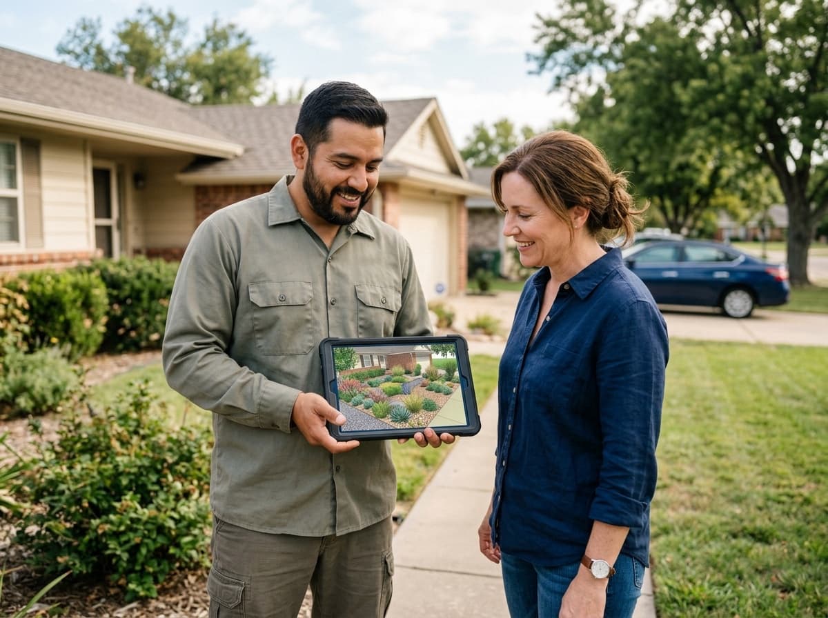 A landscaper presenting a finished design to a homeowner on a tablet