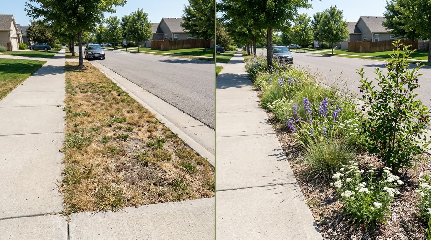 Split view of the same residential parkstrip — left: turfgrass, right: the same strip six months after conversion to native water-wise planting