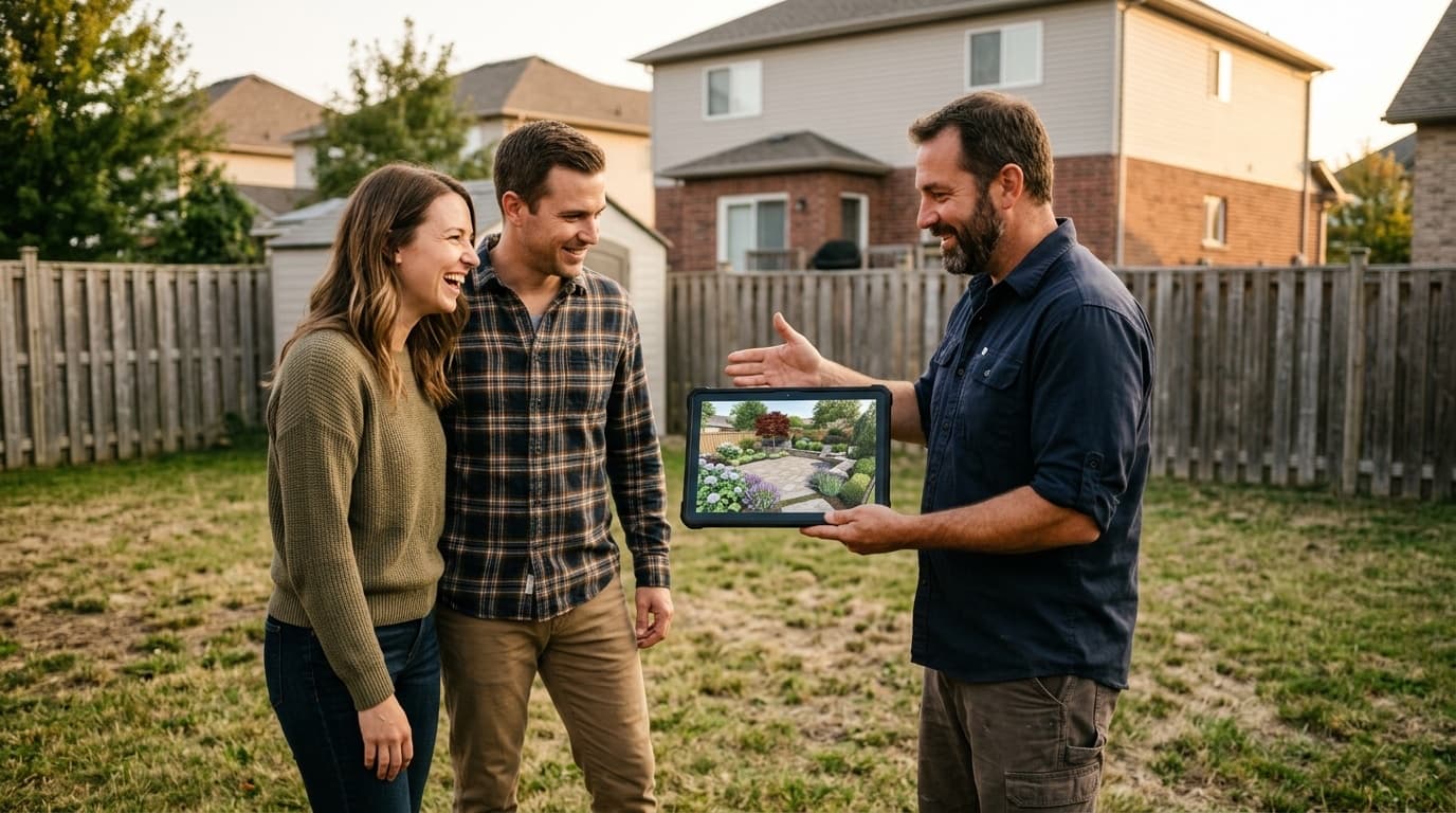 A landscaping contractor showing a homeowner couple a photo-realistic design on a tablet in their backyard