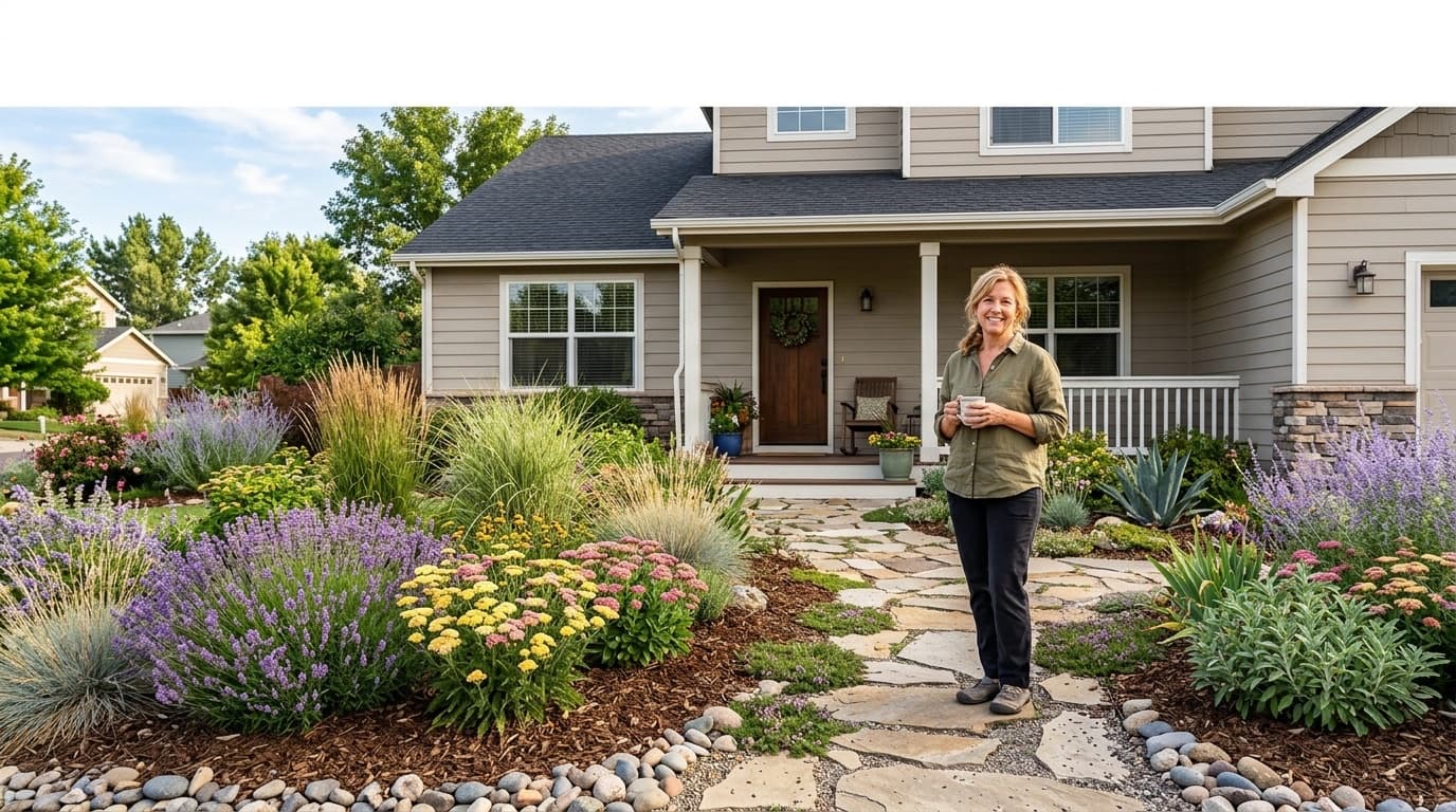 A homeowner enjoying their finished water-wise front yard