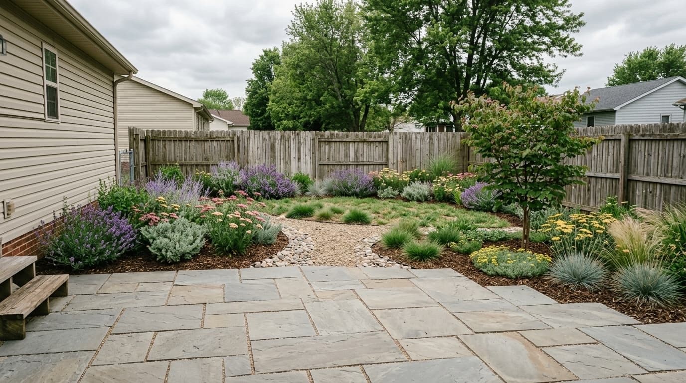 The same backyard redesigned with a paver patio and water-wise plantings