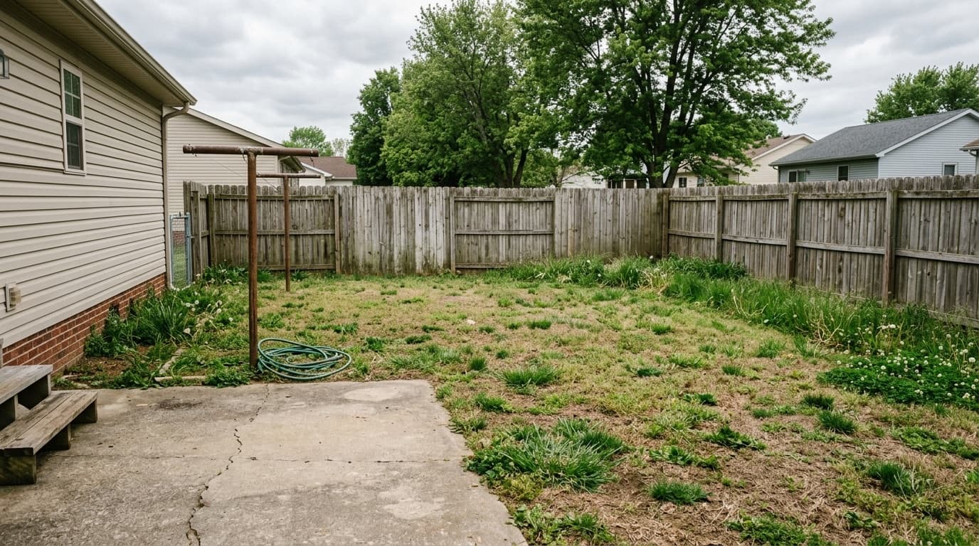 A plain backyard with a patchy lawn before redesign