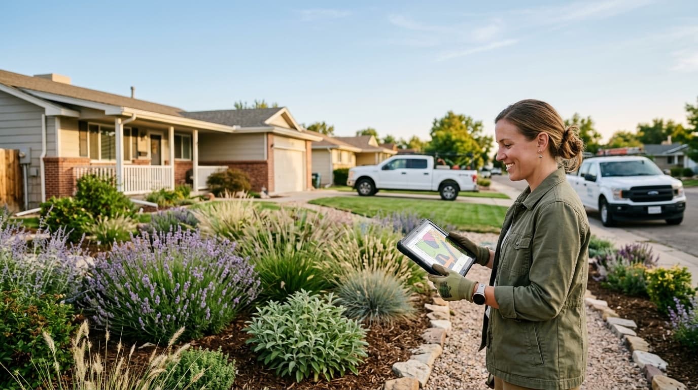 A landscaping professional presenting a design on a tablet