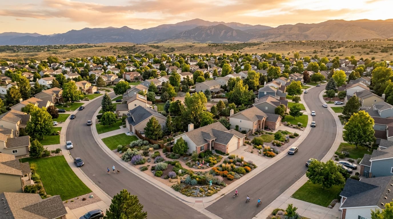 Aerial view of a western U.S. neighborhood at golden hour, with a visible patchwork of traditional and water-wise landscapes