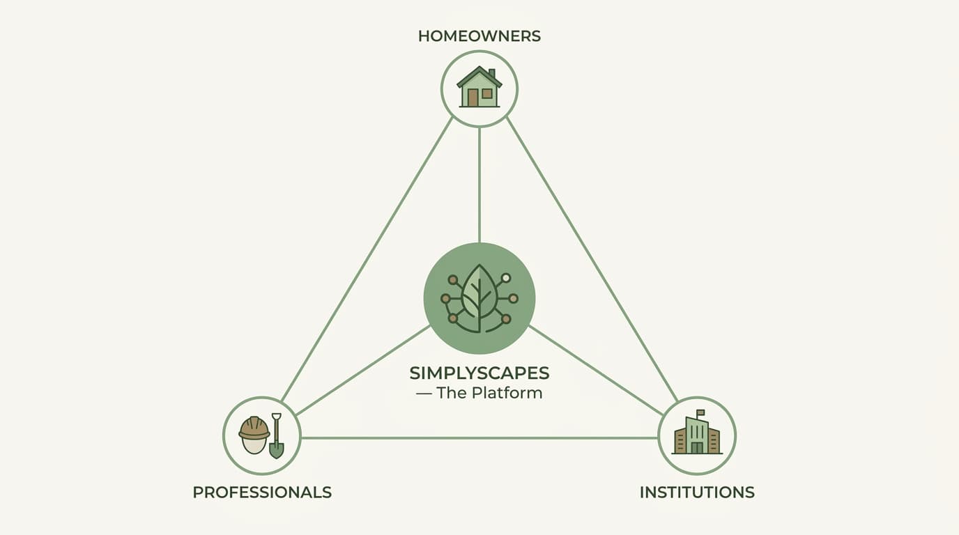 A triangle diagram with Homeowners, Professionals, and Institutions at the corners and SimplyScapes at the center connecting all three