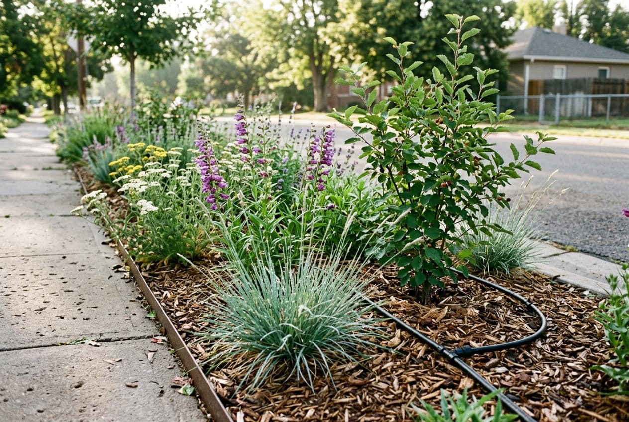 A residential parkstrip planted with native water-wise species and drip irrigation