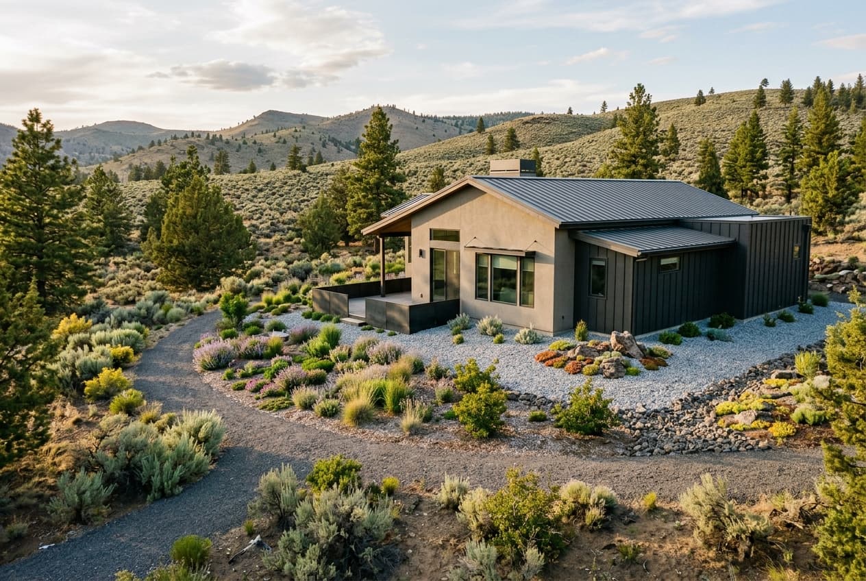 A fire-wise residential landscape with defensible space zones