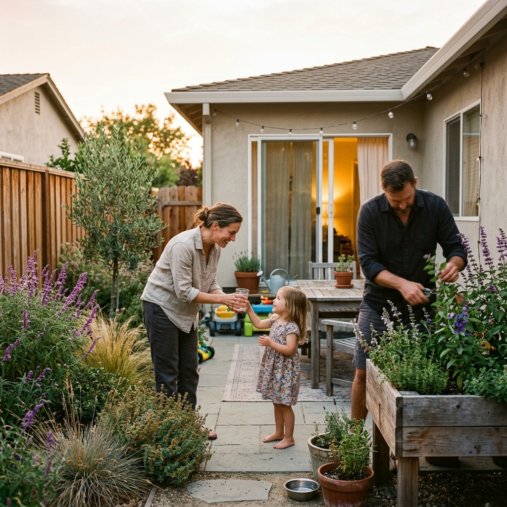A family on a patio at sunset, surrounded by water-wise planting