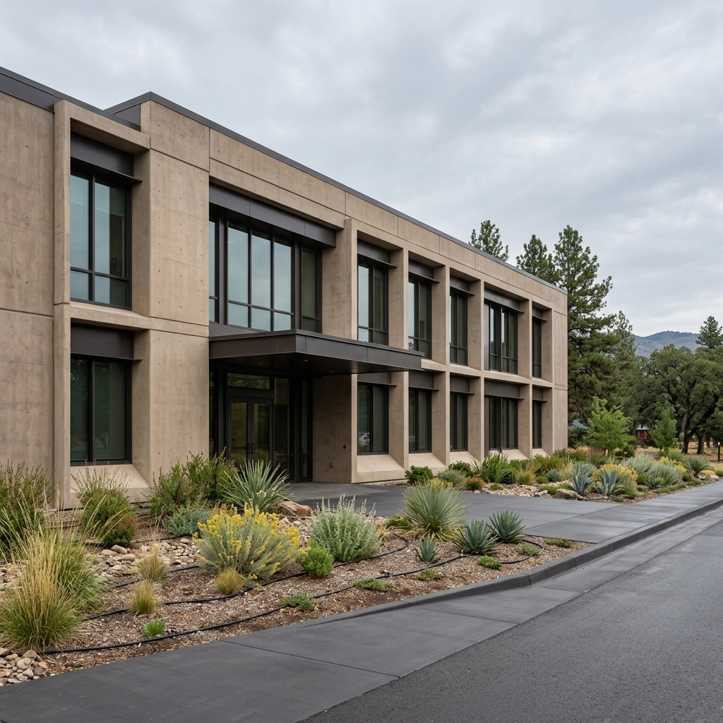 Exterior of a western U.S. water district building with native landscaping