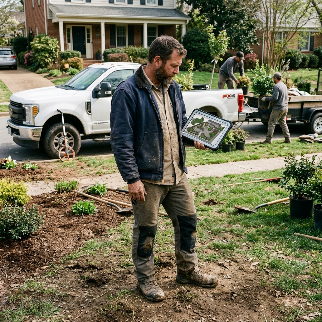 A landscape contractor on a job site holding a tablet with a 3D design