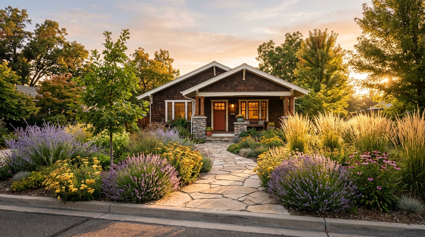 A mature residential front yard at golden hour, lined with native drought-tolerant plants