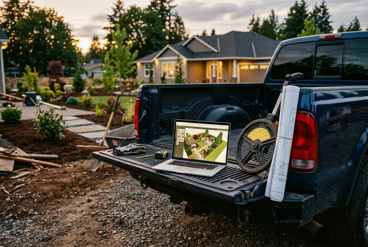 A contractor truck tailgate at dusk with a laptop running an early version of browser-based landscape design software