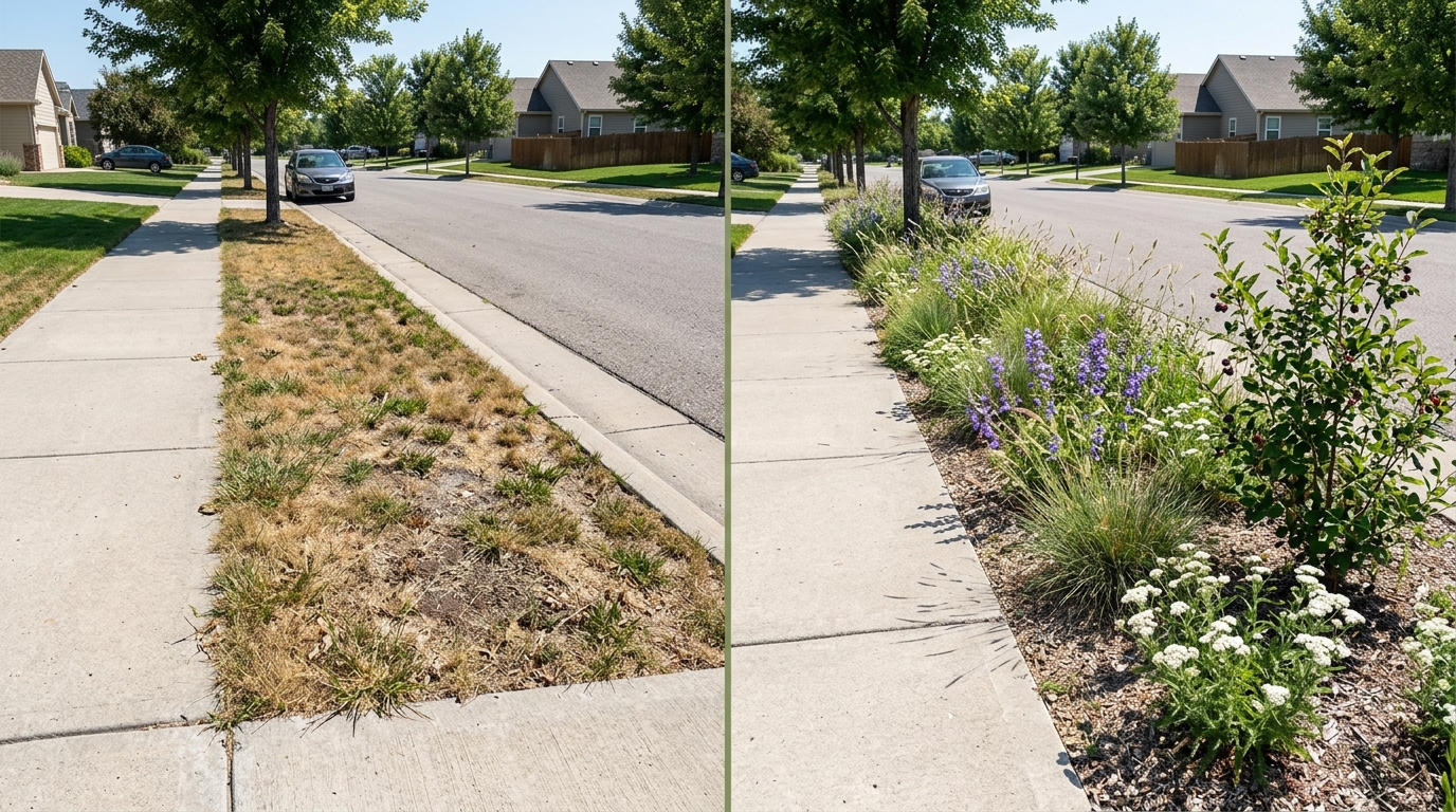 Split view of the same residential parkstrip — left: turfgrass, right: the same strip six months after conversion to native water-wise planting