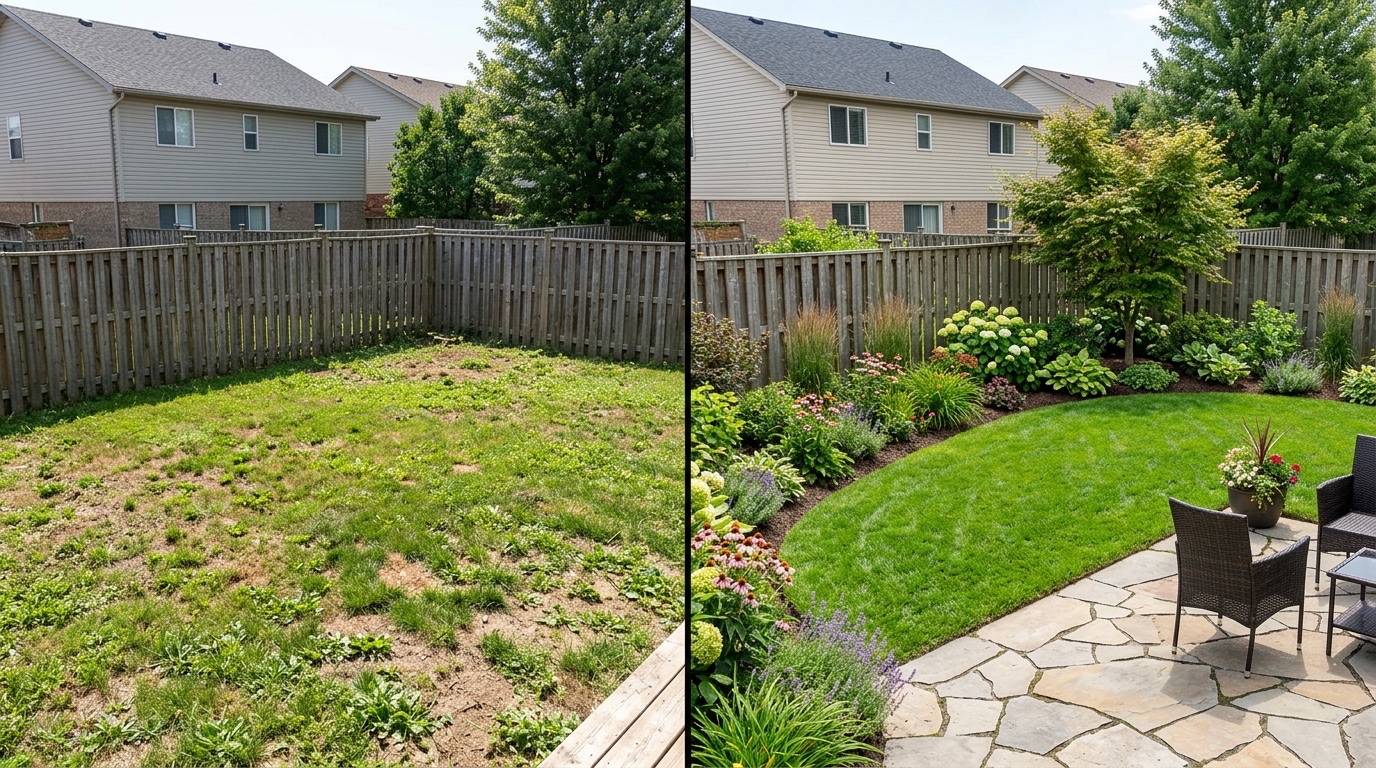 The same backyard before and after — bare lawn versus a finished photo-realistic design