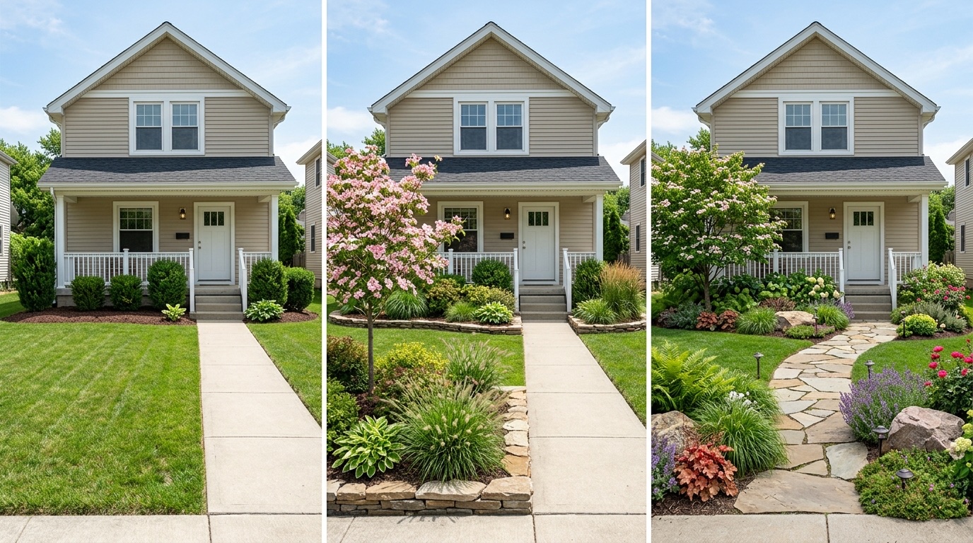 Good, better, best — three ascending landscape design tiers for the same front yard