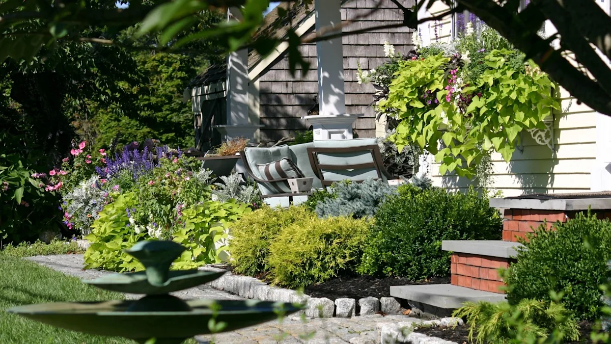 Backyard with patio fountain steps