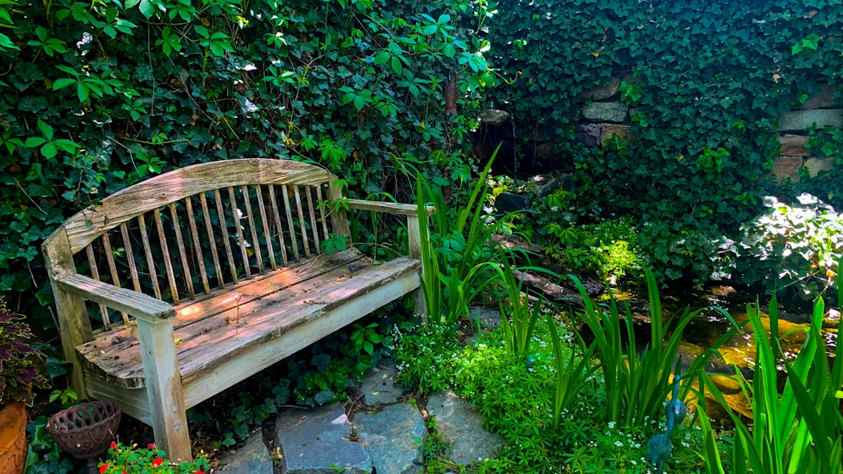 pond bench ivy vine