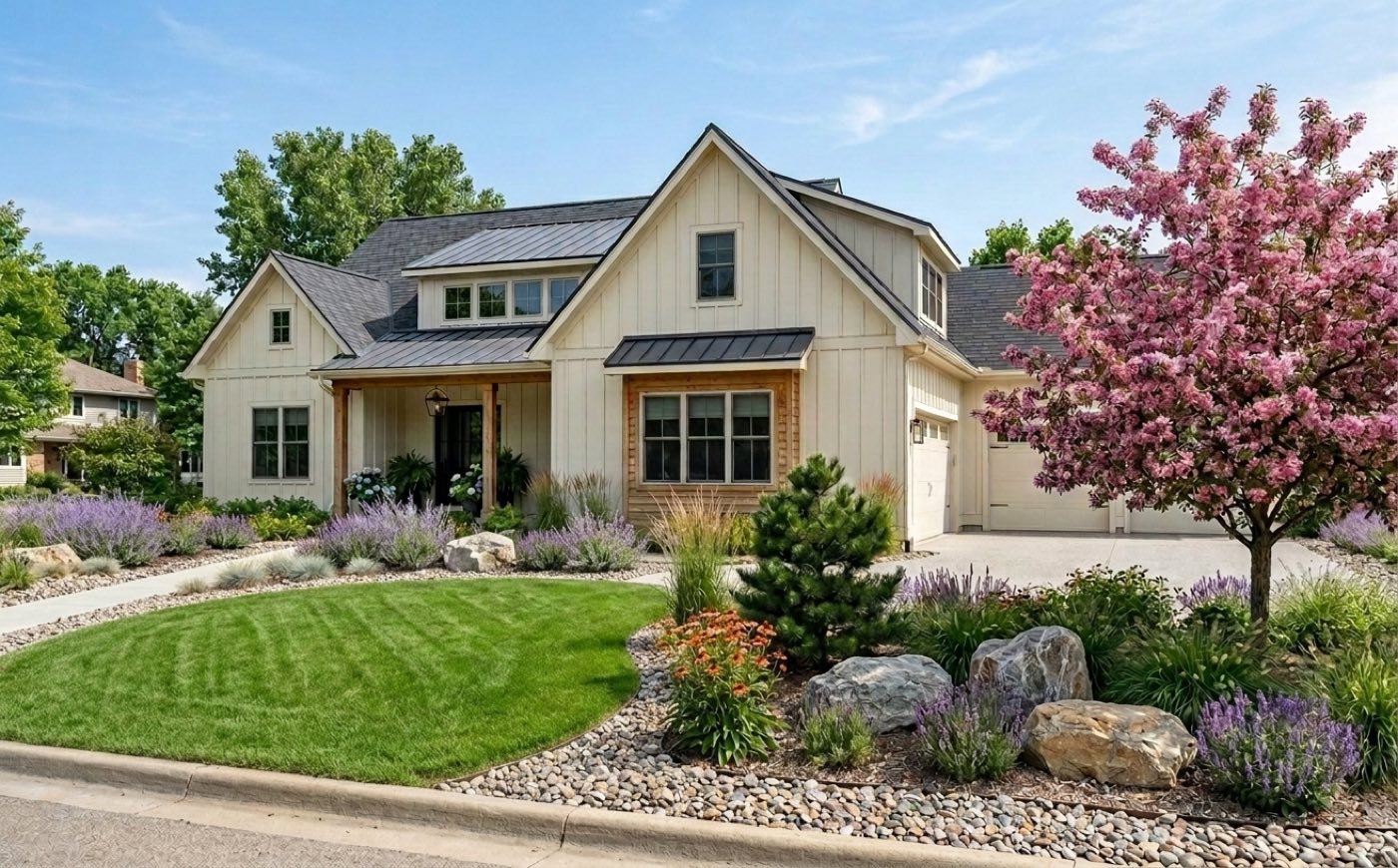 A homeowner’s front yard photo open in a landscape design canvas: water-wise planting beds, a purposeful lawn, and a flowering crabapple tree